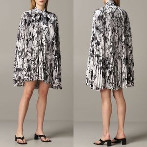 Balenciaga Pleated Newspaper Print Satin Cape Mini Dress In Black/White